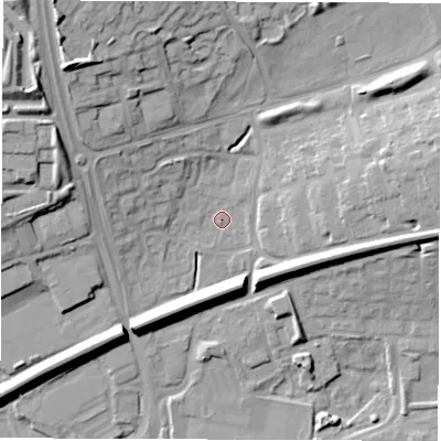 Shaded relief map of the ground around SP105PB, computed from Environment Agency LiDAR. The ground here sits at about 64 m above sea level and falls 24 m across the surrounding 800 m. Surface water reaching this point runs off ground lying to the north-west, 18.2 m higher.