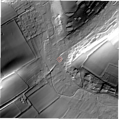 Shaded relief map of the ground around SP110AA, computed from Environment Agency LiDAR. The ground here sits at about 99 m above sea level and falls 47 m across the surrounding 800 m. Surface water reaching this point runs off ground lying to the east, 35.9 m higher.