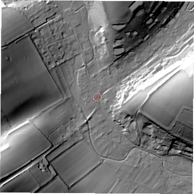 Shaded relief map of the ground around SP110AB, computed from Environment Agency LiDAR. The ground here sits at about 99 m above sea level and falls 49 m across the surrounding 800 m. Surface water reaching this point runs off ground lying to the east, 35.0 m higher.