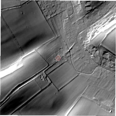 Shaded relief map of the ground around SP110AE, computed from Environment Agency LiDAR. The ground here sits at about 102 m above sea level and falls 62 m across the surrounding 800 m. Surface water reaching this point runs off ground lying to the west-south-west, 48.9 m higher.