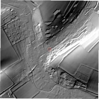 Shaded relief map of the ground around SP110AG, computed from Environment Agency LiDAR. The ground here sits at about 100 m above sea level and falls 41 m across the surrounding 800 m. Surface water reaching this point runs off ground lying to the east, 37.2 m higher.