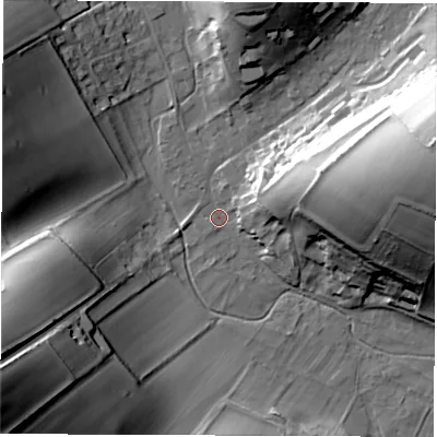 Shaded relief map of the ground around SP110AU, computed from Environment Agency LiDAR. The ground here sits at about 99 m above sea level and falls 46 m across the surrounding 800 m. Surface water reaching this point runs off ground lying to the east-north-east, 36.6 m higher.
