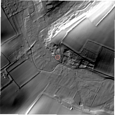 Shaded relief map of the ground around SP110AX, computed from Environment Agency LiDAR. The ground here sits at about 100 m above sea level and falls 44 m across the surrounding 800 m. Surface water reaching this point runs off ground lying to the east-north-east, 40.9 m higher.