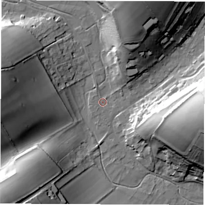 Shaded relief map of the ground around SP110BB, computed from Environment Agency LiDAR. The ground here sits at about 100 m above sea level and falls 50 m across the surrounding 800 m. Surface water reaching this point runs off ground lying to the north-north-east, 32.8 m higher.