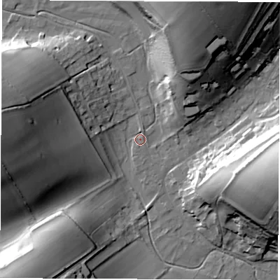 Shaded relief map of the ground around SP110BD, computed from Environment Agency LiDAR. The ground here sits at about 100 m above sea level and falls 48 m across the surrounding 800 m. Surface water reaching this point runs off ground lying to the north-east, 0.8 m higher.