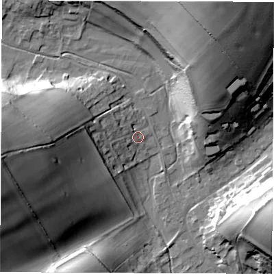 Shaded relief map of the ground around SP110BE, computed from Environment Agency LiDAR. The ground here sits at about 102 m above sea level and falls 45 m across the surrounding 800 m. Surface water reaching this point runs off ground lying to the west, 11.8 m higher.