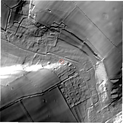 Shaded relief map of the ground around SP110BJ, computed from Environment Agency LiDAR. The ground here sits at about 102 m above sea level and falls 54 m across the surrounding 800 m. Surface water reaching this point runs off ground lying to the west-south-west, 51.5 m higher.