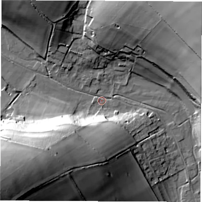Shaded relief map of the ground around SP110BL, computed from Environment Agency LiDAR. The ground here sits at about 102 m above sea level and falls 67 m across the surrounding 800 m. Surface water reaching this point runs off ground lying to the south-west, 63.4 m higher.