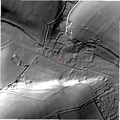 Shaded relief map of the ground around SP110BN, computed from Environment Agency LiDAR. The ground here sits at about 103 m above sea level and falls 71 m across the surrounding 800 m. Surface water reaching this point runs off ground lying to the north-east, 34.6 m higher.