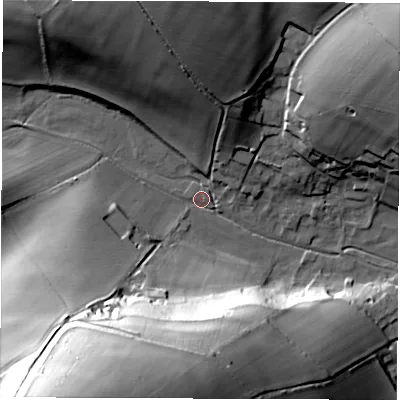 Shaded relief map of the ground around SP110BW, computed from Environment Agency LiDAR. The ground here sits at about 104 m above sea level and falls 65 m across the surrounding 800 m. Surface water reaching this point runs off ground lying to the south-west, 60.1 m higher.