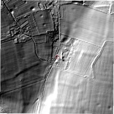 Shaded relief map of the ground around SP110HH, computed from Environment Agency LiDAR. The ground here sits at about 95 m above sea level and falls 25 m across the surrounding 800 m. Surface water reaching this point runs off ground lying to the east-north-east, 16.9 m higher.