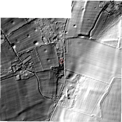 Shaded relief map of the ground around SP110HT, computed from Environment Agency LiDAR. The ground here sits at about 100 m above sea level and falls 26 m across the surrounding 800 m. Surface water reaching this point runs off ground lying to the west-north-west, 9.9 m higher.