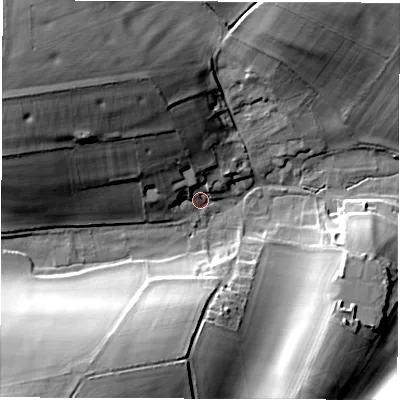 Shaded relief map of the ground around SP110JS, computed from Environment Agency LiDAR. The ground here sits at about 117 m above sea level and falls 35 m across the surrounding 800 m. Surface water reaching this point runs off ground lying to the north-west, 27.4 m higher.