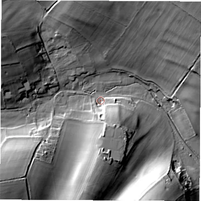Shaded relief map of the ground around SP110JW, computed from Environment Agency LiDAR. The ground here sits at about 114 m above sea level and falls 39 m across the surrounding 800 m. Surface water reaching this point runs off ground lying to the south-south-east, 12.4 m higher.