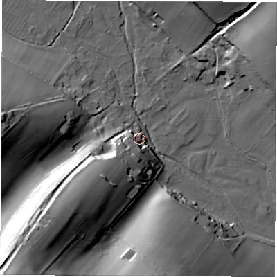 Shaded relief map of the ground around SP110LU, computed from Environment Agency LiDAR. The ground here sits at about 91 m above sea level and falls 58 m across the surrounding 800 m. Surface water reaching this point runs off ground lying to the south-west, 25.9 m higher.