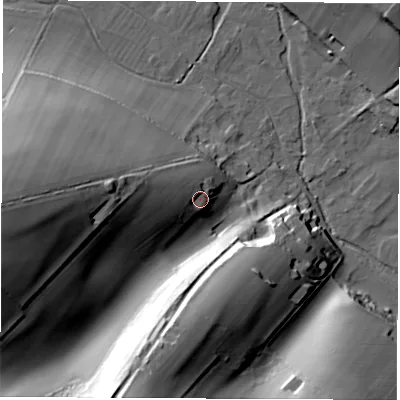 Shaded relief map of the ground around SP110NA, computed from Environment Agency LiDAR. The ground here sits at about 101 m above sea level and falls 55 m across the surrounding 800 m. Surface water reaching this point runs off ground lying to the west, 39.0 m higher.