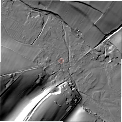 Shaded relief map of the ground around SP110ND, computed from Environment Agency LiDAR. The ground here sits at about 88 m above sea level and falls 44 m across the surrounding 800 m. Surface water reaching this point runs off ground lying to the west-south-west, 39.1 m higher.