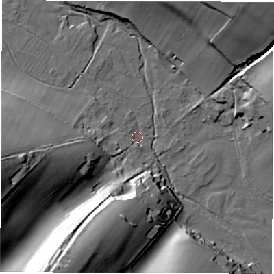 Shaded relief map of the ground around SP110NE, computed from Environment Agency LiDAR. The ground here sits at about 88 m above sea level and falls 43 m across the surrounding 800 m. Surface water reaching this point runs off ground lying to the south-south-west, 41.0 m higher.