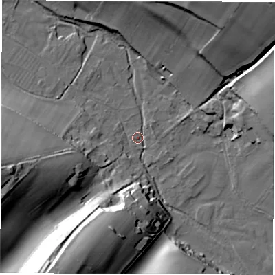 Shaded relief map of the ground around SP110NJ, computed from Environment Agency LiDAR. The ground here sits at about 88 m above sea level and falls 45 m across the surrounding 800 m. Surface water reaching this point runs off ground lying to the north-north-east, 37.2 m higher.