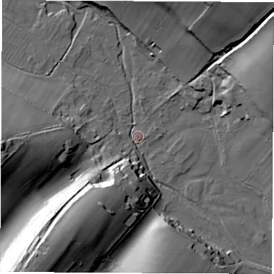 Shaded relief map of the ground around SP110NL, computed from Environment Agency LiDAR. The ground here sits at about 88 m above sea level and falls 46 m across the surrounding 800 m. Surface water reaching this point runs off ground lying to the south-west, 44.3 m higher.