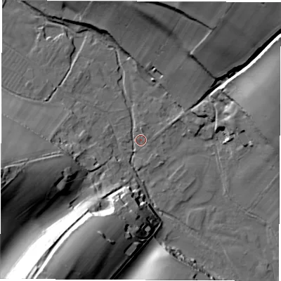 Shaded relief map of the ground around SP110NN, computed from Environment Agency LiDAR. The ground here sits at about 88 m above sea level and falls 45 m across the surrounding 800 m. Surface water reaching this point runs off ground lying to the north-east, 42.6 m higher.