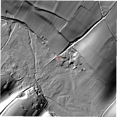 Shaded relief map of the ground around SP110NP, computed from Environment Agency LiDAR. The ground here sits at about 89 m above sea level and falls 48 m across the surrounding 800 m. Surface water reaching this point runs off ground lying to the north-north-east, 44.4 m higher.