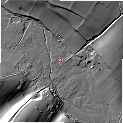 Shaded relief map of the ground around SP110NR, computed from Environment Agency LiDAR. The ground here sits at about 88 m above sea level and falls 48 m across the surrounding 800 m. Surface water reaching this point runs off ground lying to the north-north-east, 45.2 m higher.