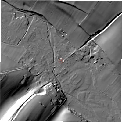 Shaded relief map of the ground around SP110NW, computed from Environment Agency LiDAR. The ground here sits at about 88 m above sea level and falls 46 m across the surrounding 800 m. Surface water reaching this point runs off ground lying to the north-east, 43.1 m higher.