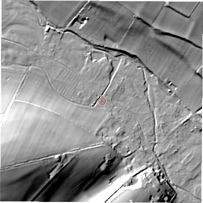 Shaded relief map of the ground around SP110PB, computed from Environment Agency LiDAR. The ground here sits at about 89 m above sea level and falls 55 m across the surrounding 800 m. Surface water reaching this point runs off ground lying to the west-south-west, 51.8 m higher.