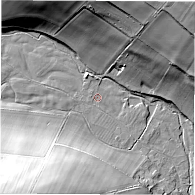 Shaded relief map of the ground around SP110PD, computed from Environment Agency LiDAR. The ground here sits at about 90 m above sea level and falls 58 m across the surrounding 800 m. Surface water reaching this point runs off ground lying to the north, 0.8 m higher.
