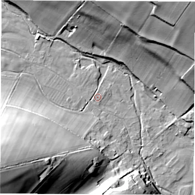 Shaded relief map of the ground around SP110PE, computed from Environment Agency LiDAR. The ground here sits at about 89 m above sea level and falls 53 m across the surrounding 800 m. Surface water reaching this point runs off ground lying to the north, 1.1 m higher.