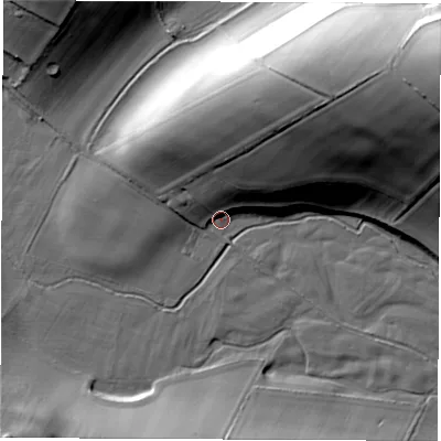 Shaded relief map of the ground around SP110PG, computed from Environment Agency LiDAR. The ground here sits at about 92 m above sea level and falls 48 m across the surrounding 800 m. Surface water reaching this point runs off ground lying to the north, 17.8 m higher.
