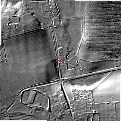 Shaded relief map of the ground around SP110QD, computed from Environment Agency LiDAR. The ground here sits at about 78 m above sea level and falls 25 m across the surrounding 800 m. Surface water reaching this point runs off ground lying to the west-south-west, 23.5 m higher.