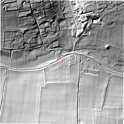Shaded relief map of the ground around SP110RA, computed from Environment Agency LiDAR. The ground here sits at about 74 m above sea level and falls 22 m across the surrounding 800 m. Surface water reaching this point runs off ground lying to the south, 17.5 m higher.