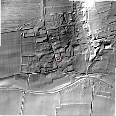 Shaded relief map of the ground around SP110RR, computed from Environment Agency LiDAR. The ground here sits at about 78 m above sea level and falls 24 m across the surrounding 800 m. Surface water reaching this point runs off ground lying to the north-west, 16.1 m higher.