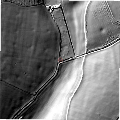 Shaded relief map of the ground around SP110SP, computed from Environment Agency LiDAR. The ground here sits at about 83 m above sea level and falls 25 m across the surrounding 800 m. Surface water reaching this point runs off ground lying to the north-west, 20.6 m higher.