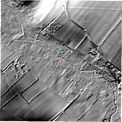 Shaded relief map of the ground around SP116AR, computed from Environment Agency LiDAR. The ground here sits at about 81 m above sea level and falls 46 m across the surrounding 800 m. Surface water reaching this point runs off ground lying to the north-east, 38.0 m higher.