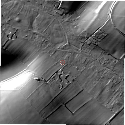 Shaded relief map of the ground around SP116AU, computed from Environment Agency LiDAR. The ground here sits at about 82 m above sea level and falls 51 m across the surrounding 800 m. Surface water reaching this point runs off ground lying to the south-west, 43.4 m higher.