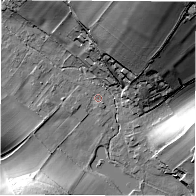 Shaded relief map of the ground around SP116BA, computed from Environment Agency LiDAR. The ground here sits at about 79 m above sea level and falls 42 m across the surrounding 800 m. Surface water reaching this point runs off ground lying to the north-north-east, 40.1 m higher.