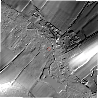 Shaded relief map of the ground around SP116BB, computed from Environment Agency LiDAR. The ground here sits at about 79 m above sea level and falls 43 m across the surrounding 800 m. Surface water reaching this point runs off ground lying to the north-north-east, 38.4 m higher.