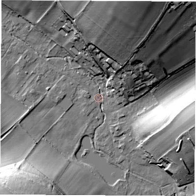 Shaded relief map of the ground around SP116BD, computed from Environment Agency LiDAR. The ground here sits at about 79 m above sea level and falls 43 m across the surrounding 800 m. Surface water reaching this point runs off ground lying to the north-north-east, 38.3 m higher.