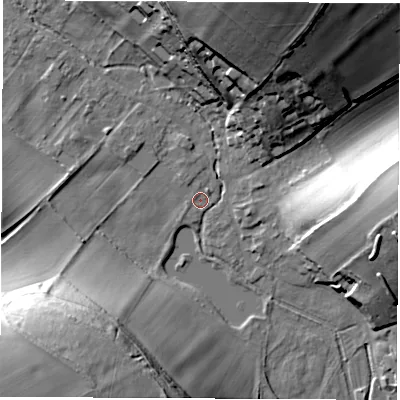 Shaded relief map of the ground around SP116BE, computed from Environment Agency LiDAR. The ground here sits at about 79 m above sea level and falls 47 m across the surrounding 800 m. Surface water reaching this point runs off ground lying to the north-north-east, 32.2 m higher.