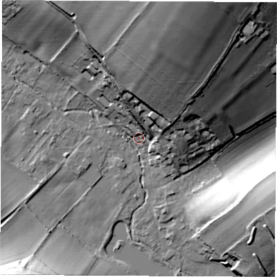Shaded relief map of the ground around SP116BG, computed from Environment Agency LiDAR. The ground here sits at about 82 m above sea level and falls 43 m across the surrounding 800 m. Surface water reaching this point runs off ground lying to the north-north-east, 35.3 m higher.
