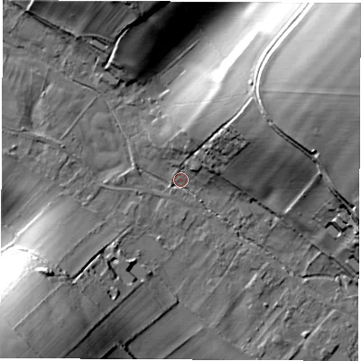 Shaded relief map of the ground around SP116BJ, computed from Environment Agency LiDAR. The ground here sits at about 81 m above sea level and falls 49 m across the surrounding 800 m. Surface water reaching this point runs off ground lying to the south-west, 41.2 m higher.