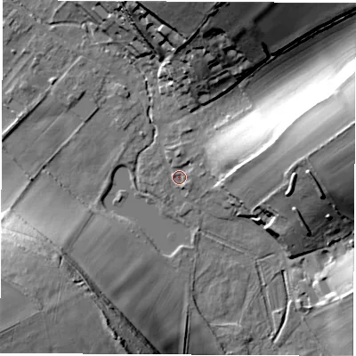 Shaded relief map of the ground around SP116BL, computed from Environment Agency LiDAR. The ground here sits at about 79 m above sea level and falls 46 m across the surrounding 800 m. Surface water reaching this point runs off ground lying to the east-north-east, 14.1 m higher.