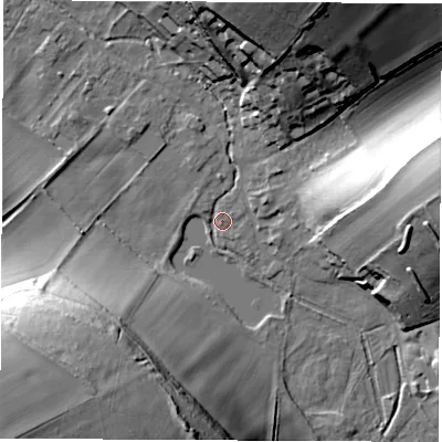 Shaded relief map of the ground around SP116BN, computed from Environment Agency LiDAR. The ground here sits at about 78 m above sea level and falls 47 m across the surrounding 800 m. Surface water reaching this point runs off ground lying to the north-north-east, 27.7 m higher.
