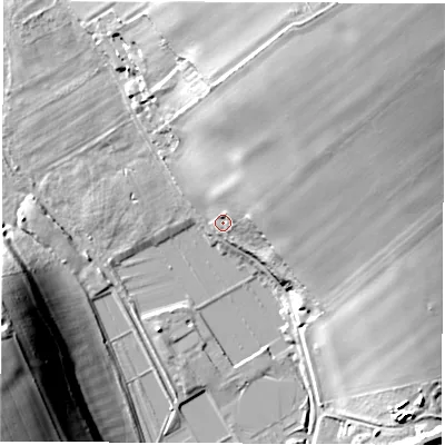 Shaded relief map of the ground around SP116DB, computed from Environment Agency LiDAR. The ground here sits at about 77 m above sea level and falls 42 m across the surrounding 800 m. Surface water reaching this point runs off ground lying to the north-east, 39.3 m higher.