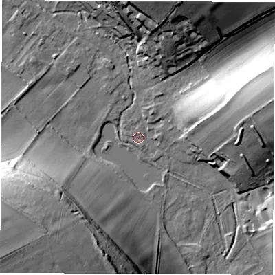 Shaded relief map of the ground around SP116DT, computed from Environment Agency LiDAR. The ground here sits at about 78 m above sea level and falls 46 m across the surrounding 800 m. Surface water reaching this point runs off ground lying to the south-west, 45.2 m higher.