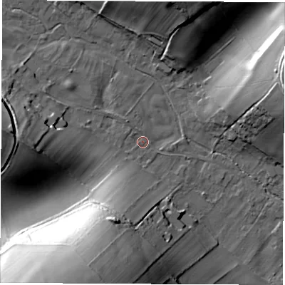 Shaded relief map of the ground around SP116EN, computed from Environment Agency LiDAR. The ground here sits at about 82 m above sea level and falls 49 m across the surrounding 800 m. Surface water reaching this point runs off ground lying to the south-south-west, 46.9 m higher.