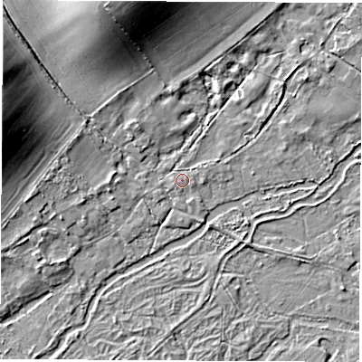 Shaded relief map of the ground around SP116PG, computed from Environment Agency LiDAR. The ground here sits at about 54 m above sea level and falls 14 m across the surrounding 800 m. Surface water reaching this point runs off ground lying to the north-east, 2.6 m higher.